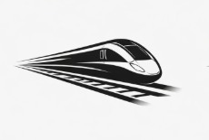 Company logo: shows a white and black monochromatic train speeding down a third-rail electrified track